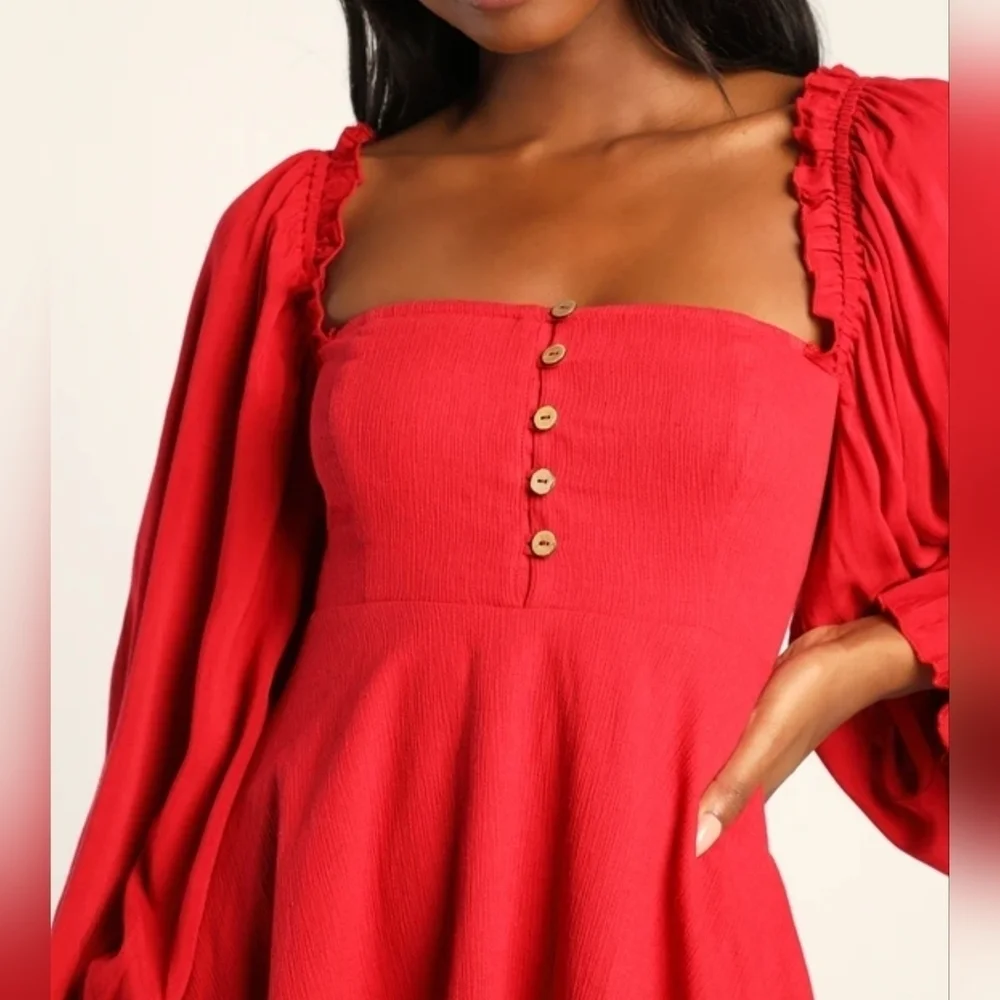 Lulus Make The Call Red Button-Up Long Sleeve Square Neck w Pockets Mini Dress S